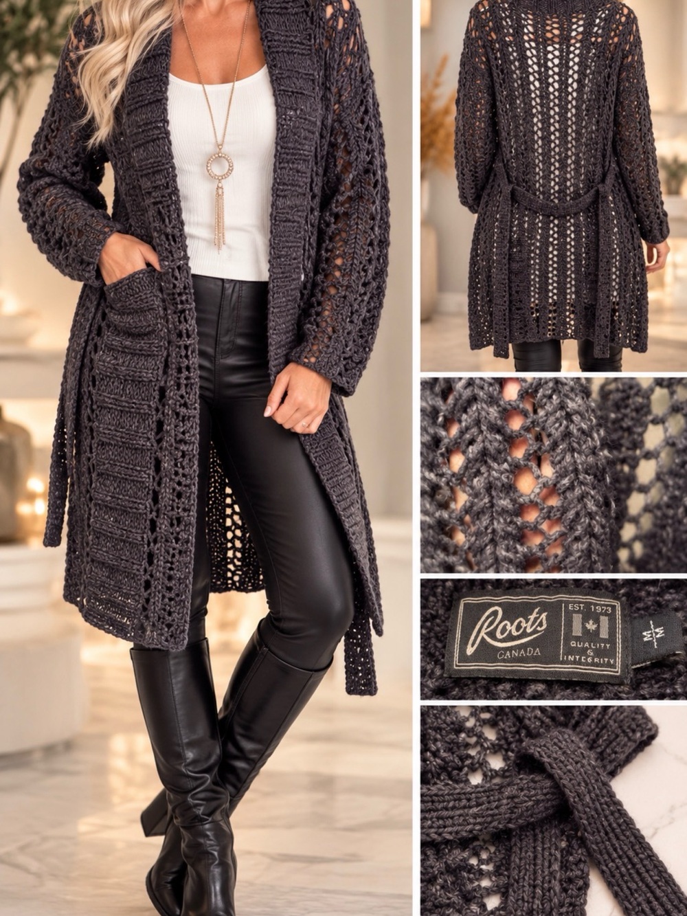 Roots Canada “M” Wool Alpaca Crochet Long Cardigan Belted Grey